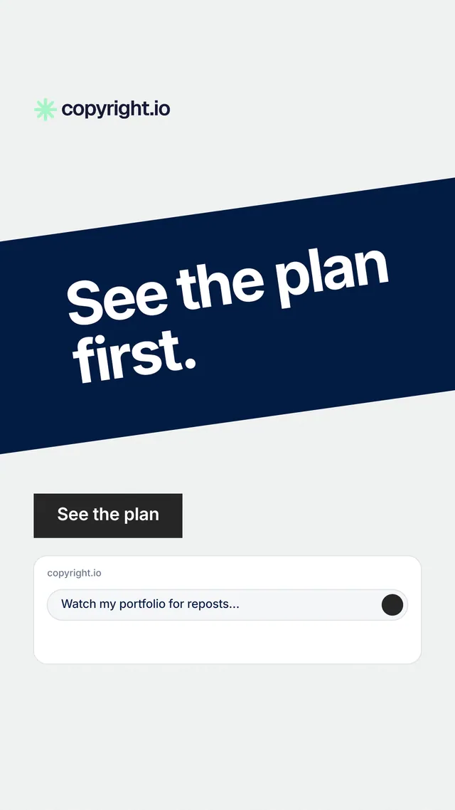 Instagram story for copyright.io: "See the plan first." Swiss style, diagonal layout, light palette in white, blue, grey.