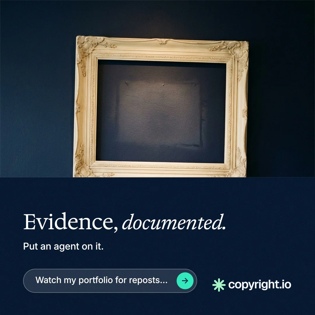 Instagram post for copyright.io: "Evidence, documented." Agentic glass style, bottom layout, dark palette in black, blue, grey.