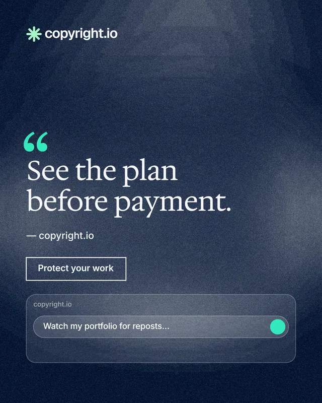 Instagram portrait post for copyright.io: "See the plan before payment." Cyanotype style, quote layout, dark palette in blue, grey.