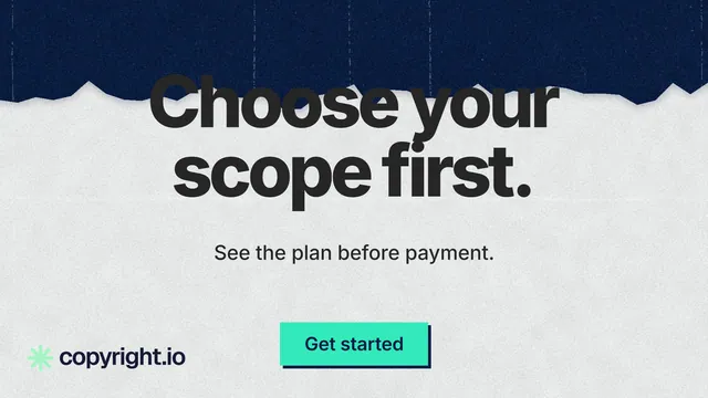 Landscape graphic for copyright.io: "Choose your scope first." Paper trio style, centred layout, light palette in white, blue, grey.