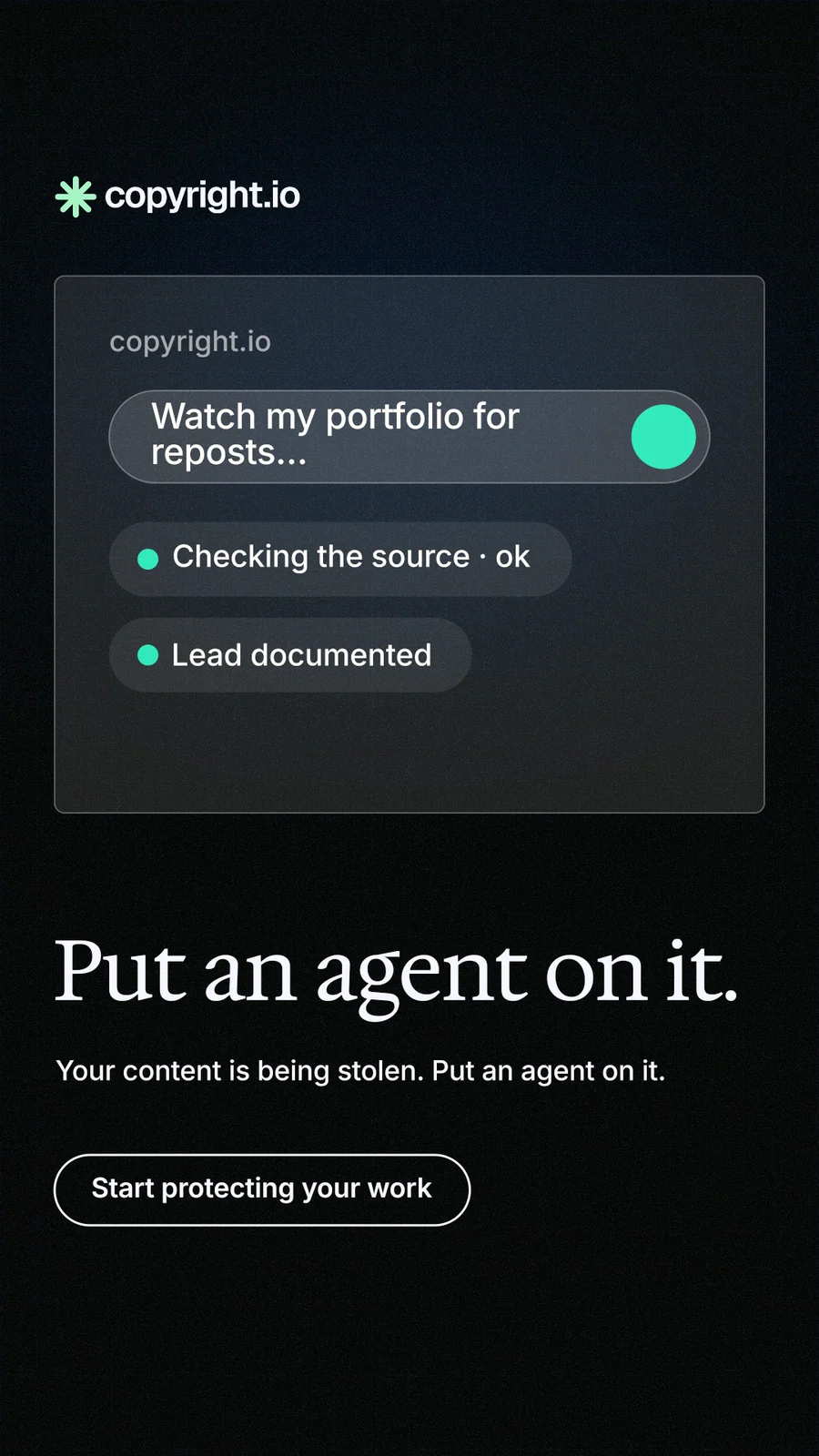 Instagram story for copyright.io: "Put an agent on it." Phosphor atlas style, bottom layout, dark palette in black, grey.