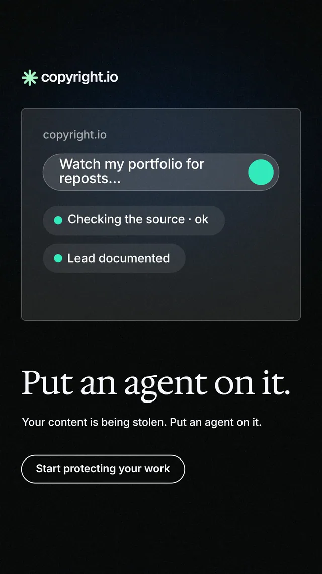 Instagram story for copyright.io: "Put an agent on it." Phosphor atlas style, bottom layout, dark palette in black, grey.