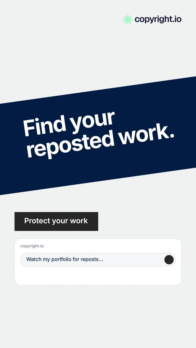 Instagram story for copyright.io: "Find your reposted work." Swiss style, diagonal layout, light palette in white, blue, grey.