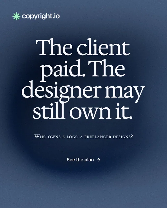 Instagram portrait post for copyright.io: "The client paid. The designer may still own it." Swiss style, smallcaps layout, dark palette in blue, grey.