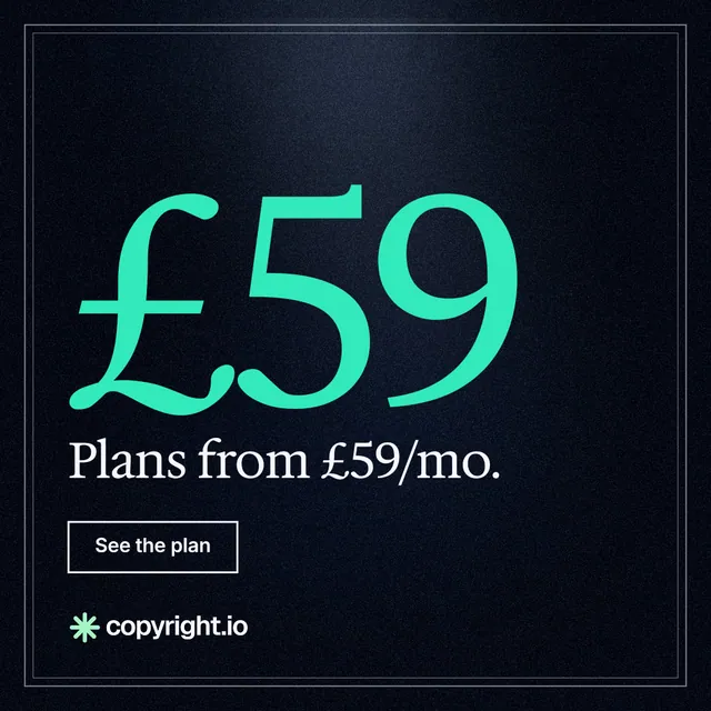 Instagram post for copyright.io: "Your content is being stolen. Put an agent on it." Dark deco style, stat layout, dark palette in black, blue, teal.