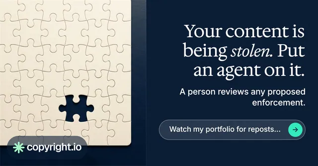 Social ad for copyright.io: "Your content is being stolen. Put an agent on it." Agentic glass style, right layout, dark palette in blue, yellow, grey.