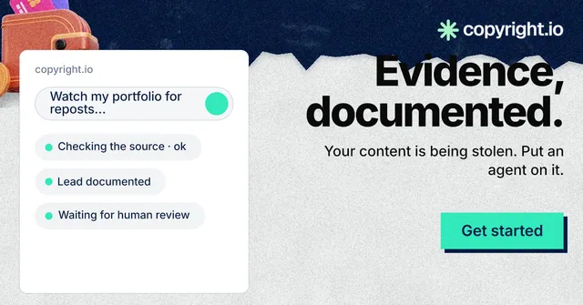Social ad for copyright.io: "Evidence, documented." Paper trio style, right layout, light palette in teal, blue, white.