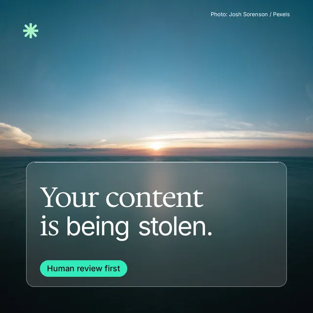 Instagram post for copyright.io: "Your content is being stolen." Glass style, technique:pexels ingredient layout, dark palette in teal, blue.