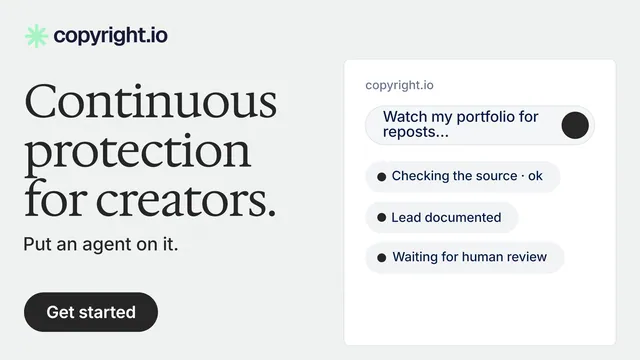 Landscape graphic for copyright.io: "Continuous protection for creators." Data card style, bottom layout, light palette in white, grey.