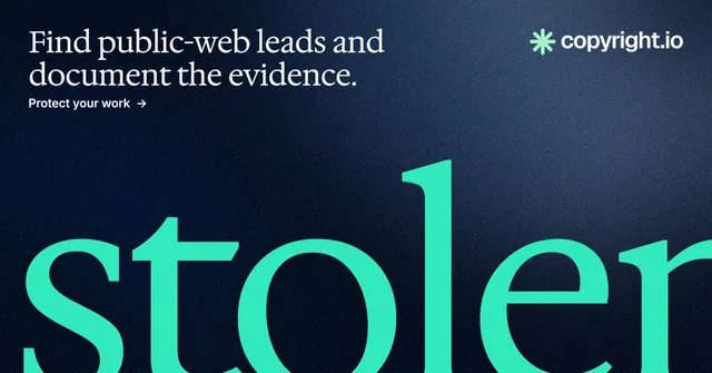 Social ad for copyright.io: "Find public-web leads and document the evidence." Agentic glass style, ogword layout, dark palette in blue, black, teal.