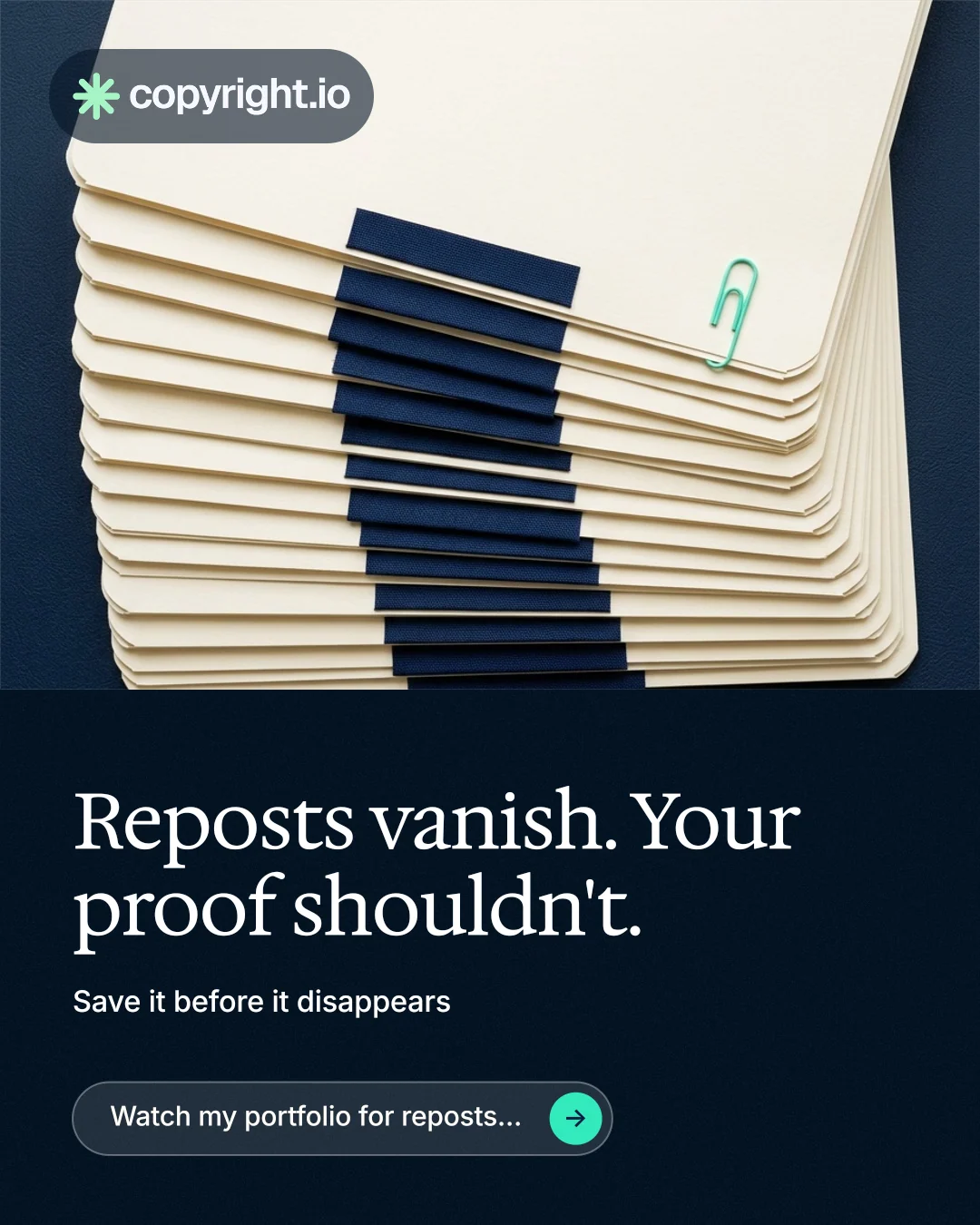 Instagram portrait post for copyright.io: "Reposts vanish. Your proof shouldn't." Agentic glass style, bottom layout, dark palette in yellow, black, blue.