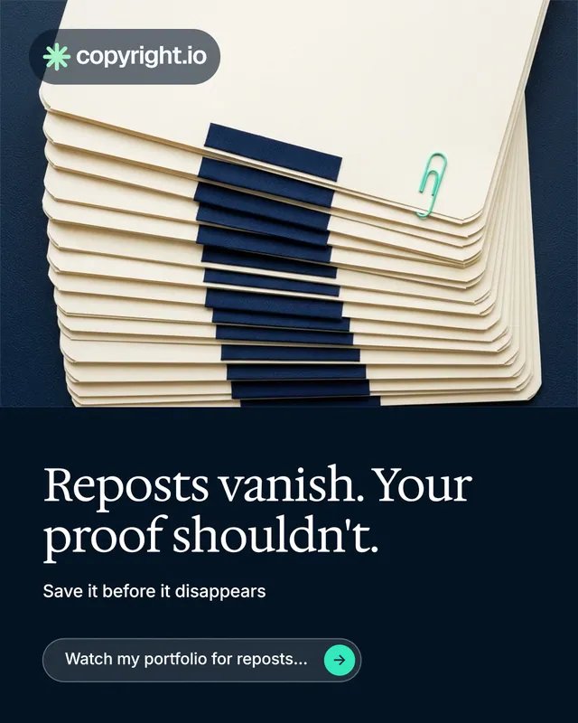 Instagram portrait post for copyright.io: "Reposts vanish. Your proof shouldn't." Agentic glass style, bottom layout, dark palette in yellow, black, blue.