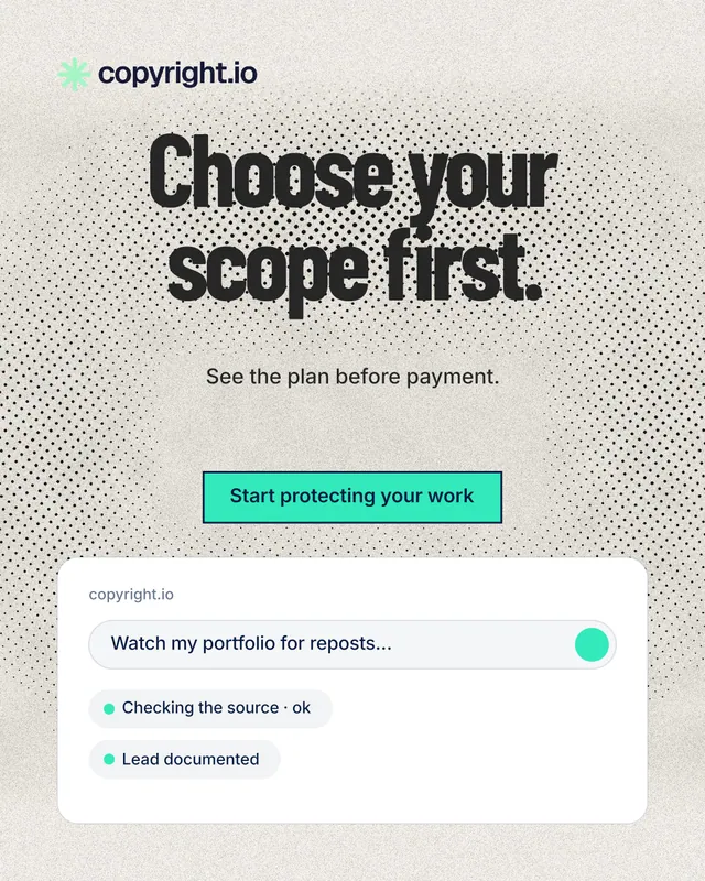 Instagram portrait post for copyright.io: "Choose your scope first." Ink sticker style, centred layout, light palette in white, grey.