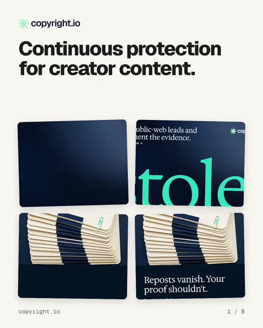 Carousel for copyright.io: "Continuous protection for creator content.". Collection carousel, 8 slides, light palette.