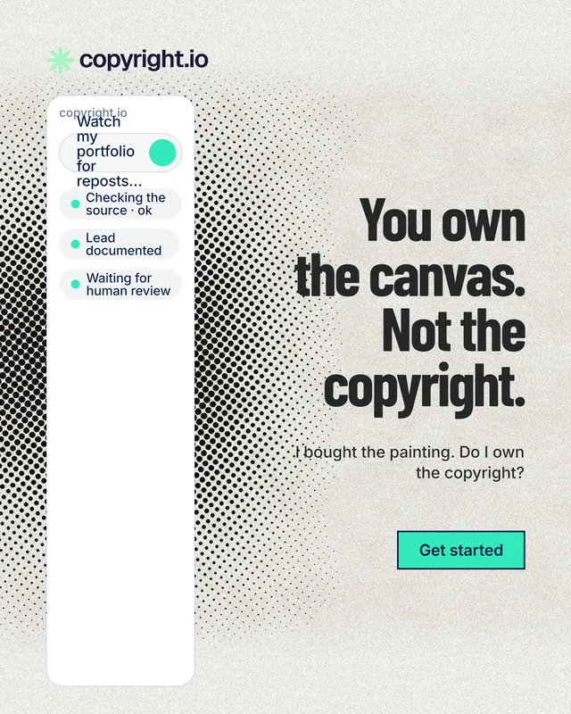 Instagram portrait post for copyright.io: "You own the canvas. Not the copyright." Ink sticker style, right layout, light palette in white, grey.