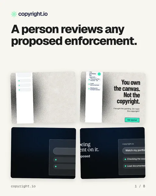 Carousel for copyright.io: "A person reviews any proposed enforcement.". Collection carousel, 8 slides, light palette.