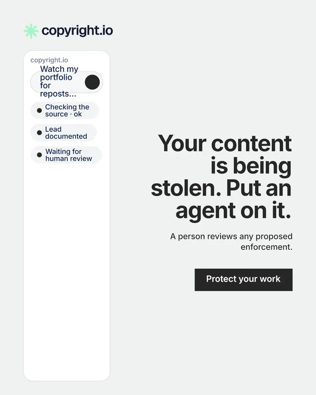 Instagram portrait post for copyright.io: "Your content is being stolen. Put an agent on it." Swiss style, right layout, light palette in white.
