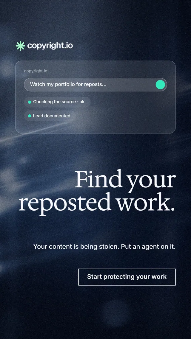 Instagram story for copyright.io: "Find your reposted work." Dark deco style, right layout, dark palette in blue, grey, black.