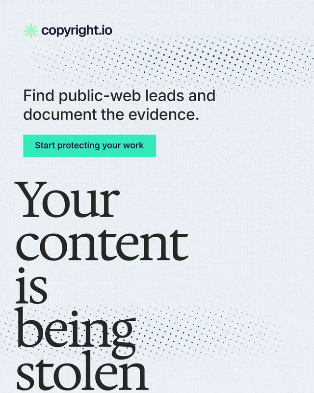 Instagram portrait post for copyright.io: "Your content is being stolen." Swiss style, oversized layout, light palette in white, grey, teal.