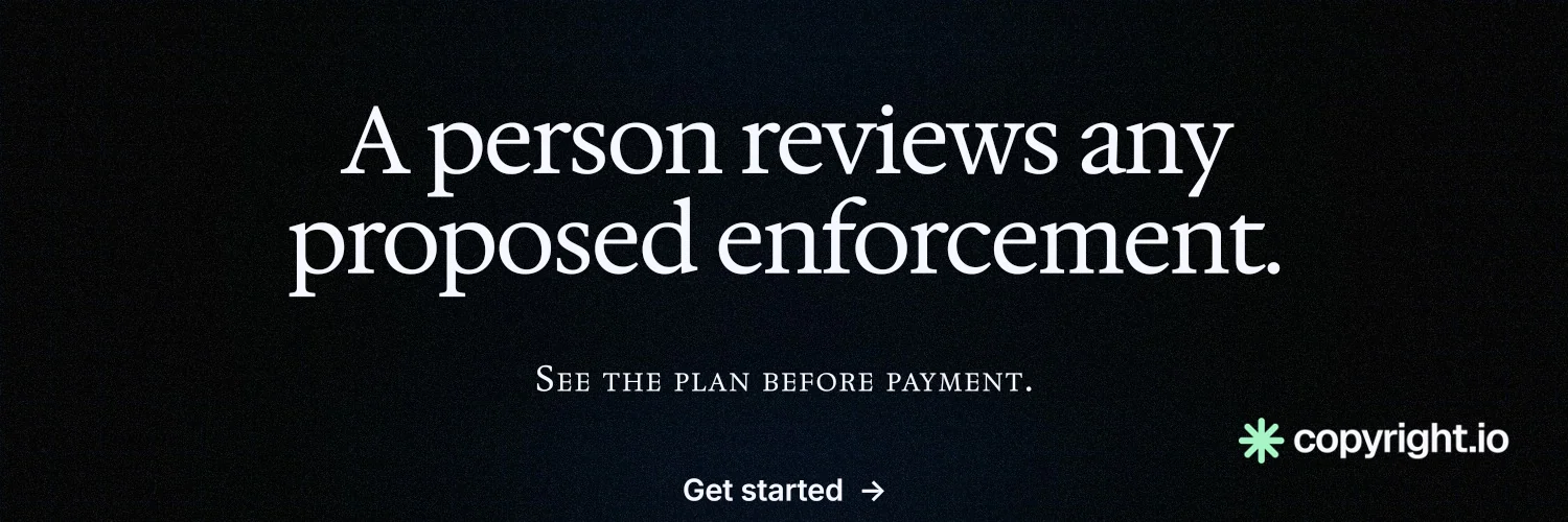 X header for copyright.io: "A person reviews any proposed enforcement." Phosphor atlas style, smallcaps layout, dark palette in black.