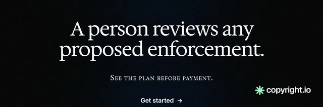 X header for copyright.io: "A person reviews any proposed enforcement." Phosphor atlas style, smallcaps layout, dark palette in black.