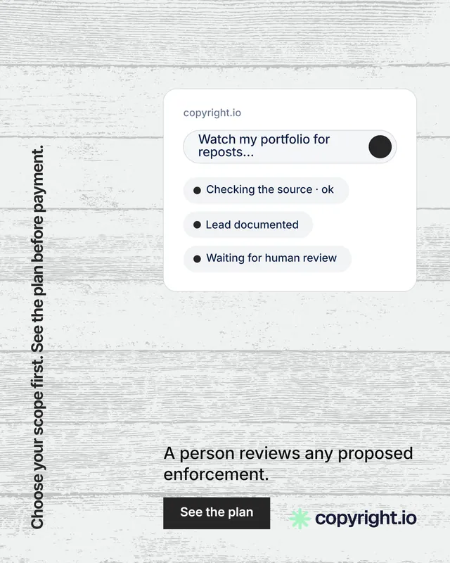 Instagram portrait post for copyright.io: "Choose your scope first. See the plan before payment." Swiss style, vertical layout, light palette in white, grey.