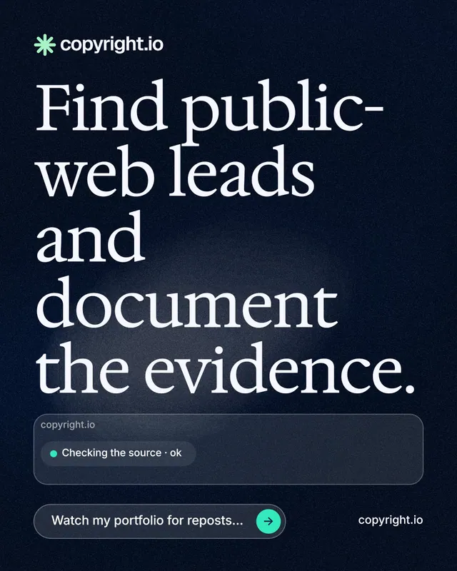 Instagram portrait post for copyright.io: "Find public-web leads and document the evidence." Thermal style, poster layout, dark palette in blue, black, grey.