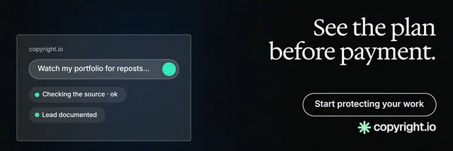 X header for copyright.io: "See the plan before payment." Phosphor atlas style, right layout, dark palette in black, grey.