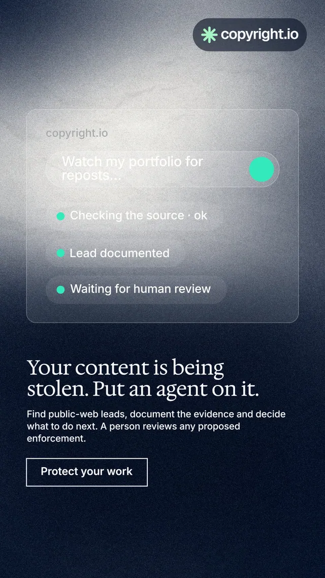 Instagram story for copyright.io: "Your content is being stolen. Put an agent on it." Cyanotype style, bottom layout, dark palette in black, grey, blue.