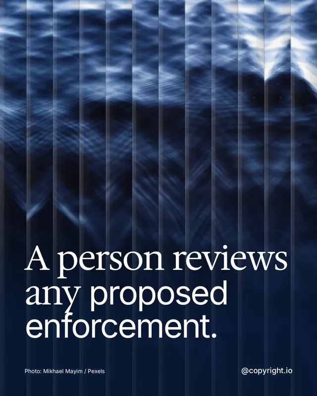 Instagram portrait post for copyright.io: "A person reviews any proposed enforcement." Photo style, technique:fluted glass layout, dark palette in blue, black.