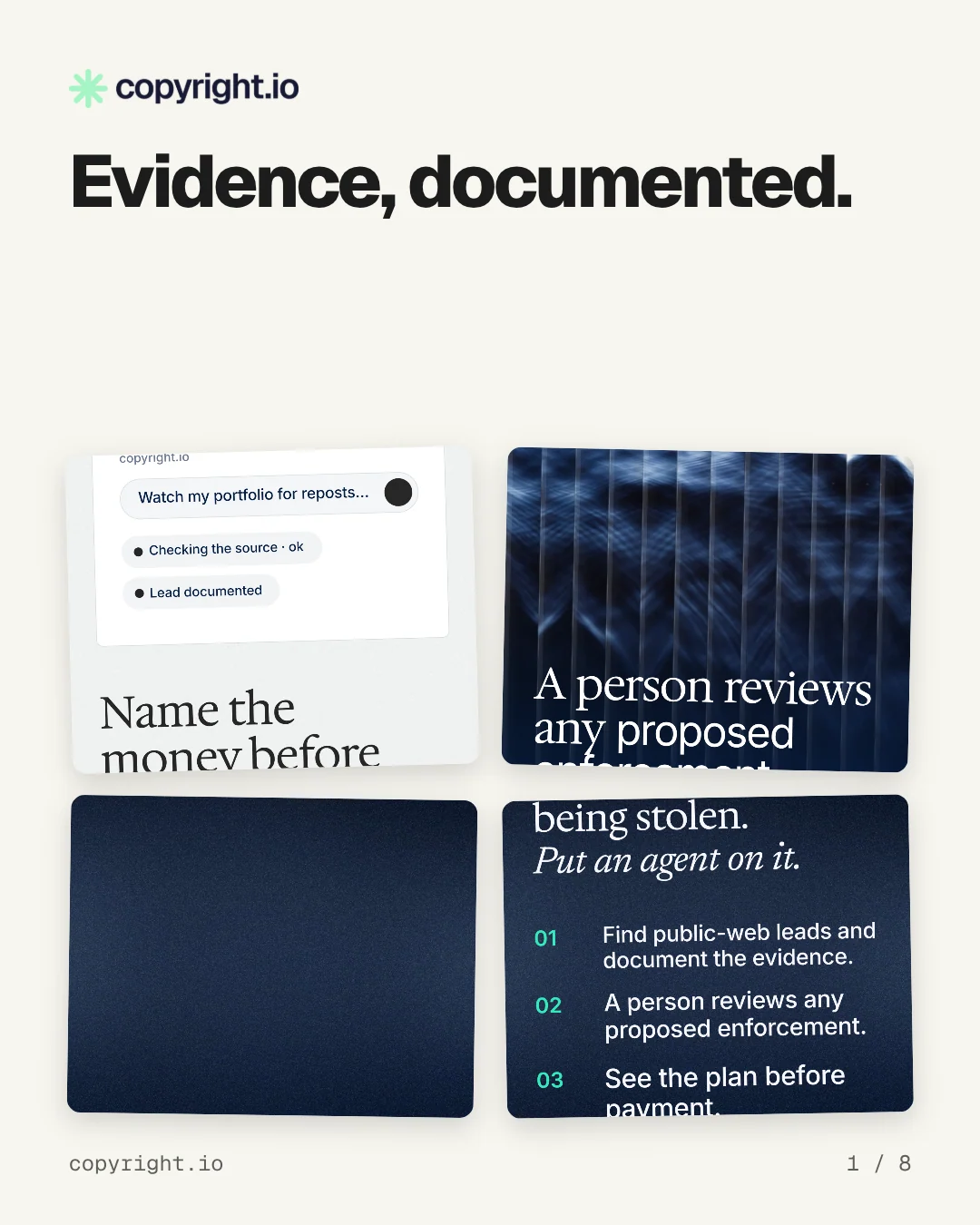 Carousel for copyright.io: "Evidence, documented.". Collection carousel, 8 slides, light palette.