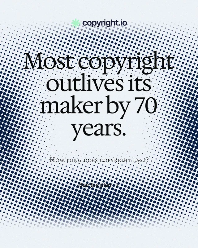 Instagram portrait post for copyright.io: "Most copyright outlives its maker by 70 years." Swiss style, smallcaps layout, light palette in grey, blue, white.