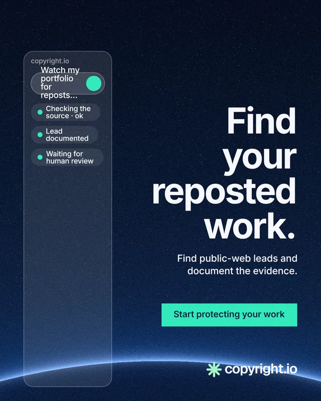 Instagram portrait post for copyright.io: "Find your reposted work." Swiss style, right layout, dark palette in black, blue, teal.