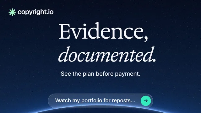 Landscape graphic for copyright.io: "Evidence, documented." Agentic glass style, centred layout, dark palette in blue, black.