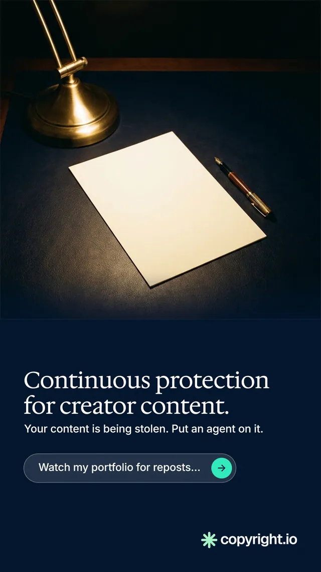Instagram story for copyright.io: "Continuous protection for creator content." Agentic glass style, bottom layout, dark palette in black, grey.