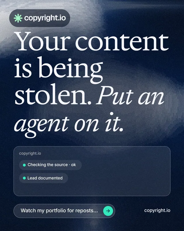Instagram portrait post for copyright.io: "Your content is being stolen. Put an agent on it." Thermal style, poster layout, dark palette in blue, black, grey.