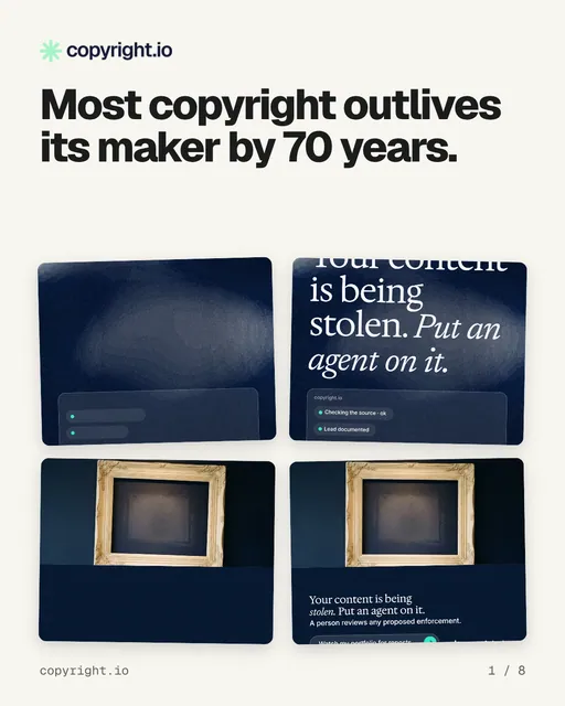 Carousel for copyright.io: "Most copyright outlives its maker by 70 years.". Collection carousel, 8 slides, light palette.
