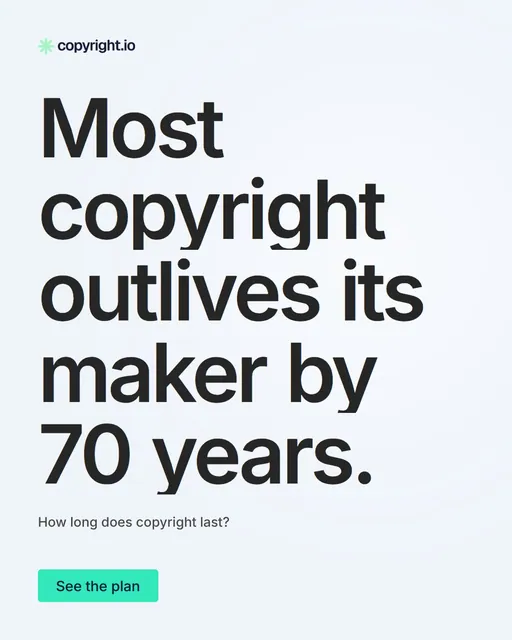 Video for copyright.io: "Most copyright outlives its maker by 70 years.". Doc motion loop, 8.0 s, light palette.