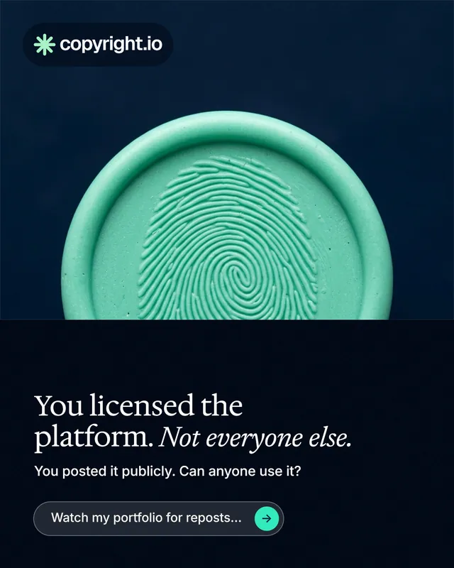 Instagram portrait post for copyright.io: "You licensed the platform. Not everyone else." Agentic glass style, bottom layout, dark palette in black, teal, blue.