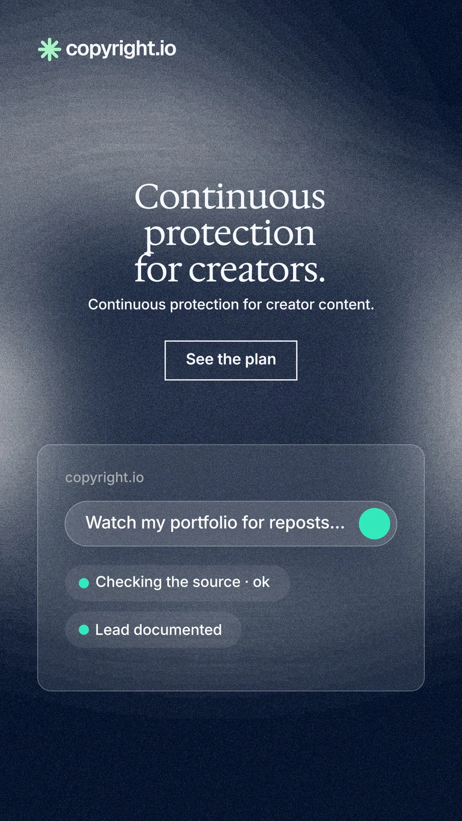 Instagram story for copyright.io: "Continuous protection for creators." Cyanotype style, centred layout, dark palette in blue, grey, black.