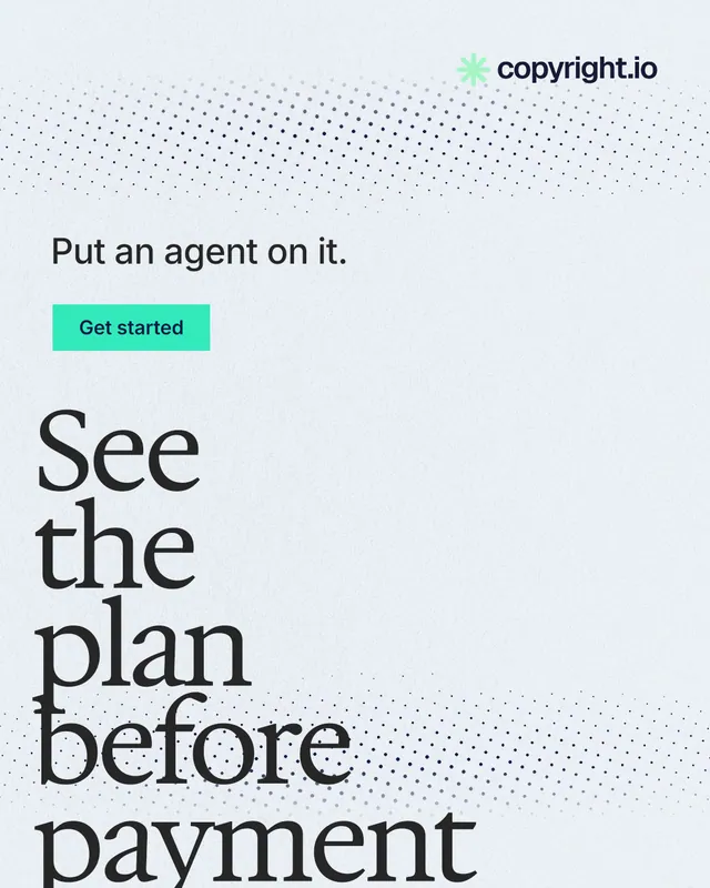 Instagram portrait post for copyright.io: "See the plan before payment." Swiss style, oversized layout, light palette in white, blue, grey.