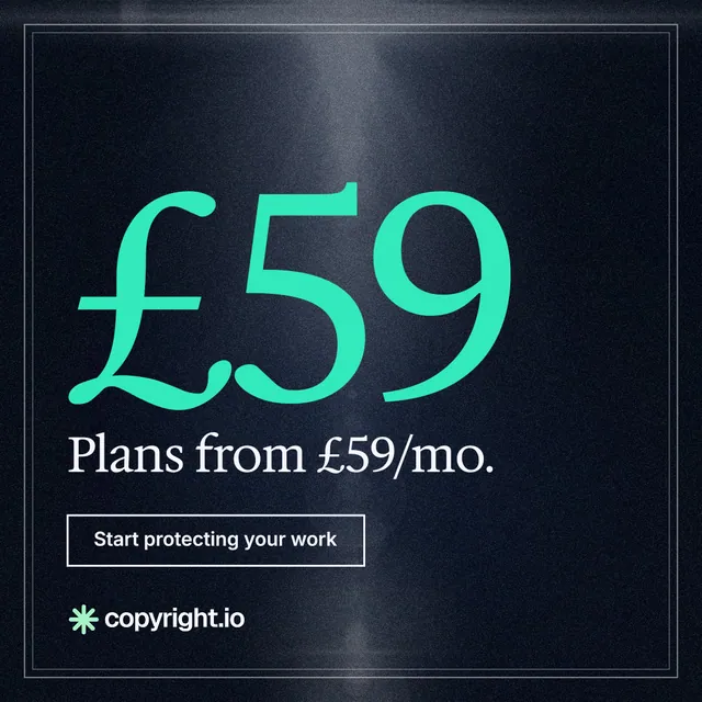 Instagram post for copyright.io: "Your content is being stolen. Put an agent on it." Dark deco style, stat layout, dark palette in blue, black, teal.