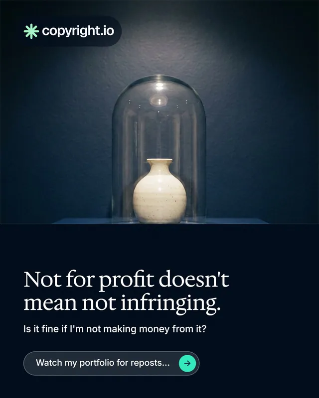 Instagram portrait post for copyright.io: "Not for profit doesn't mean not infringing." Agentic glass style, bottom layout, dark palette in blue, black, grey.