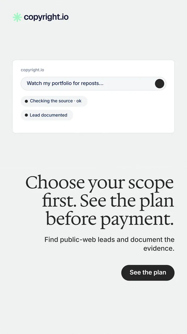 Instagram story for copyright.io: "Choose your scope first. See the plan before payment." Data card style, right layout, light palette in white.
