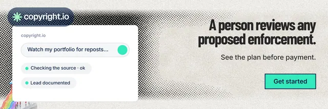 X header for copyright.io: "A person reviews any proposed enforcement." Ink sticker style, right layout, light palette in white, grey.