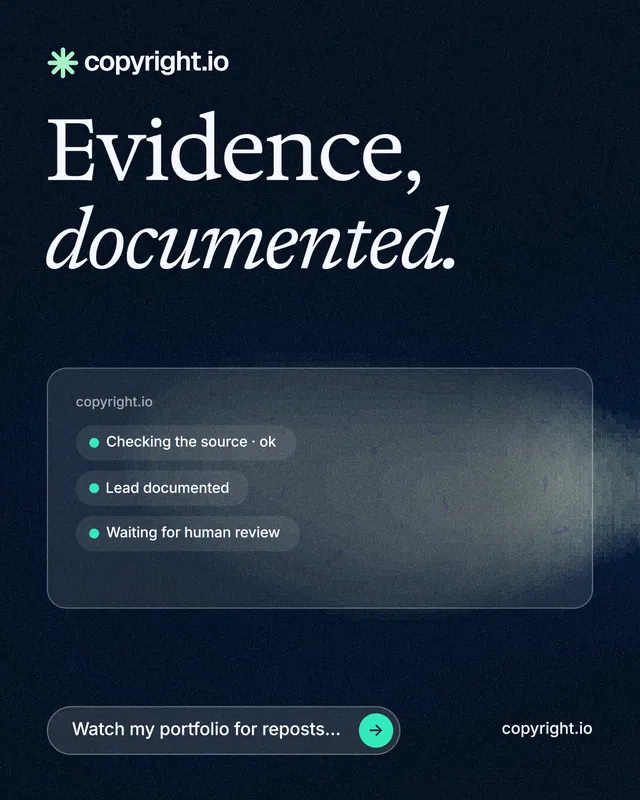 Instagram portrait post for copyright.io: "Evidence, documented." Thermal style, poster layout, dark palette in black, grey, blue.