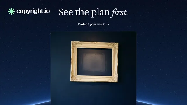 Landscape graphic for copyright.io: "See the plan first." Agentic glass style, ogui layout, dark palette in blue, black, grey.