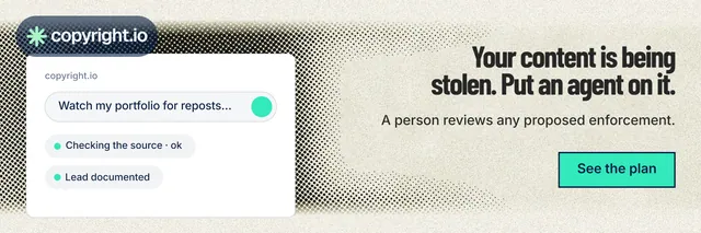 X header for copyright.io: "Your content is being stolen. Put an agent on it." Ink sticker style, right layout, light palette in green, white, grey.