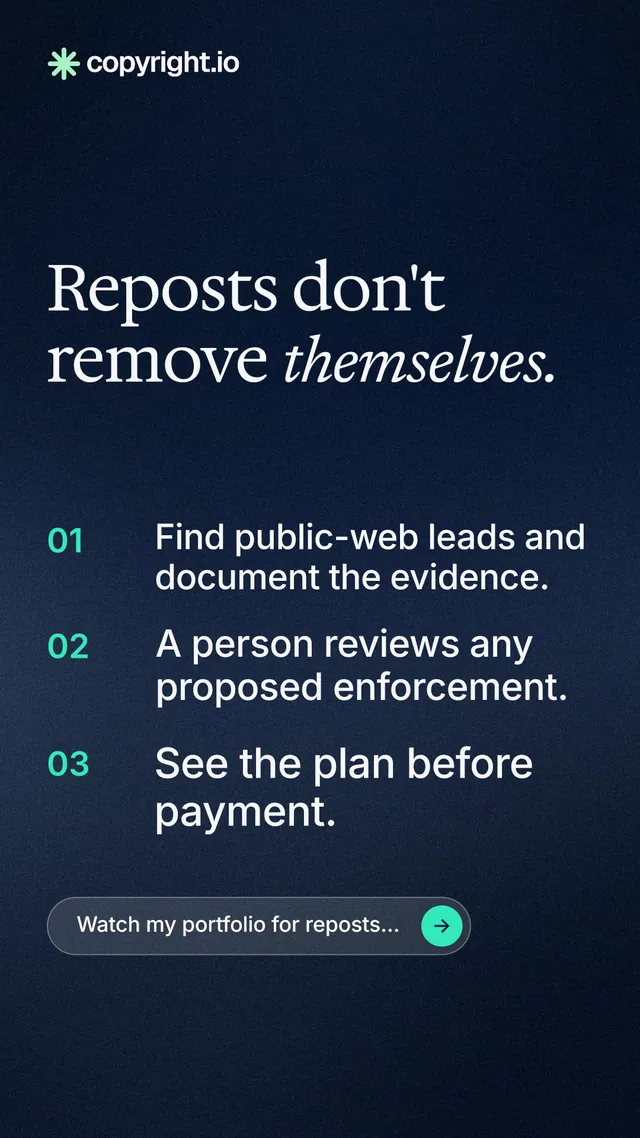 Instagram story for copyright.io: "Reposts don't remove themselves." Agentic glass style, numbered layout, dark palette in blue, black.