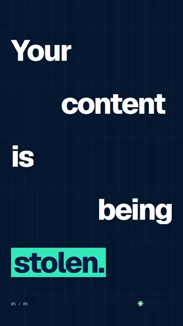 Video for copyright.io: "Your content is being stolen.". Kinetic type grid, 6.0 s, dark palette.